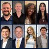 Eight diverse young adults smile in individual portrait photos arranged in two rows against various neutral backgrounds.
