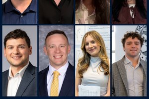 Eight diverse young adults smile in individual portrait photos arranged in two rows against various neutral backgrounds.